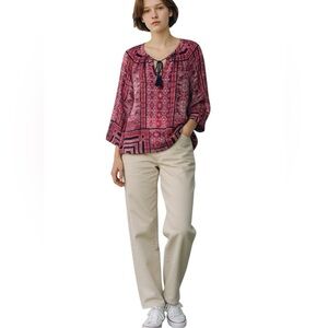 Lucky Brand Womens Peasant Tunic Tie Collar Tassels Paisley 1/4 Sleeve XL Blouse